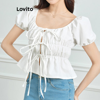 Lovito Blusa casual lisa com laço para mulheres L118ED210 em Oferta na Shopee