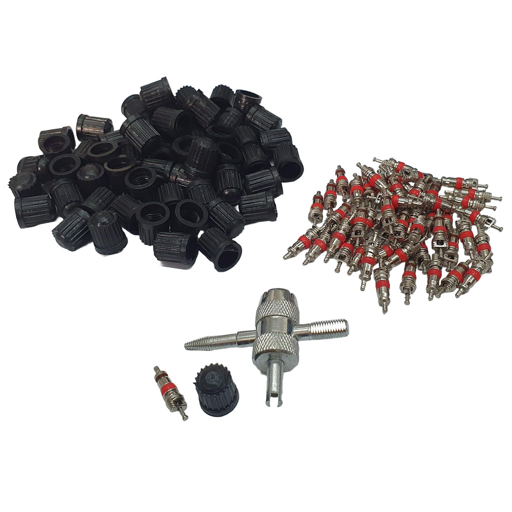 Kit Chave Saca Válvula Extrator Pneu + 50 Nucleos E 50 Tampinhas