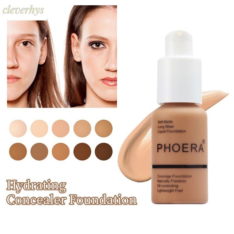 Phoera Base Líquida Hidratante Corretivo Clareador Iluminador Fosco À Prova D &#39;Água Longa Desgaste Cobertura Completa Mancha De Acne Base Natural Para Rosto Cosmético 10 Cores Cleverhys De Longa Duração