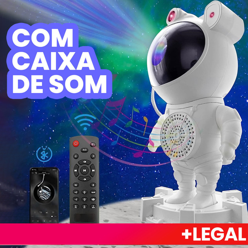 Imagem Luminária e Projetor De Estrelas e Lua Astronauta e Caixa de Som Bluetooth