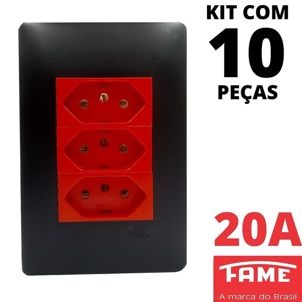 10un Tomada Padrão Tripla 2P+T 20A Vermelha Com Placa Habitat Black Preto FAME