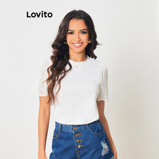 Lovito Camisetas Simples com Estampa de Costura e Bordado com Ilhós para Mulheres LBL08055