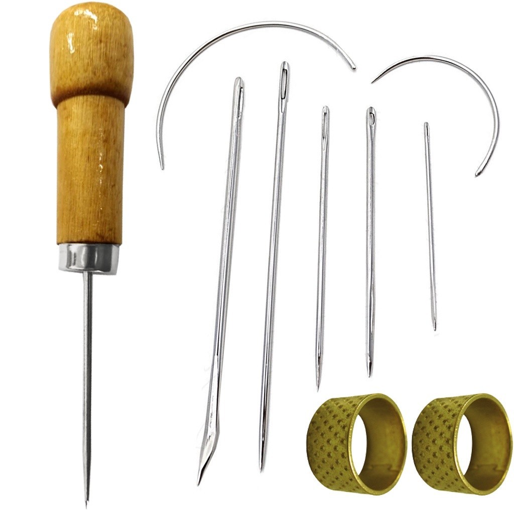 07 Agulhas Costurar Couro Furador Manual Cabo Madeira Dedal