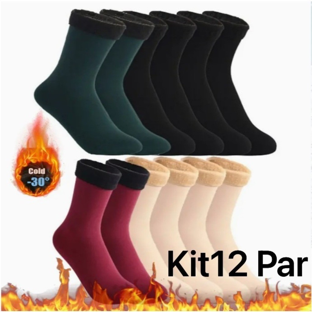 KIT Pares de Meia lLisa Térmica Feminina Forrada de Inverno Vária cores