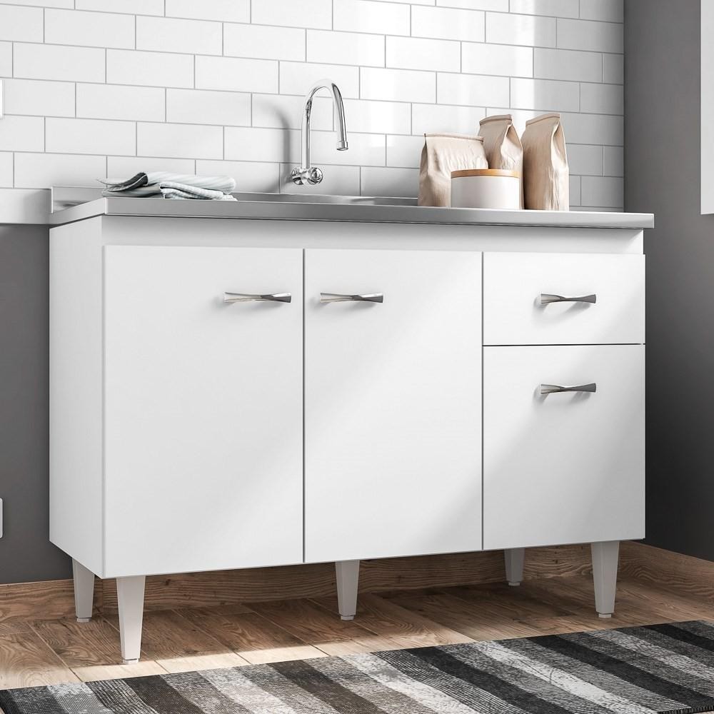 Balcão Gabinete Com Pia Inox 120cm 3 Portas e 1 Gaveta Flex Gabriela Branco/Preto - AJL Móveis - Home & Living