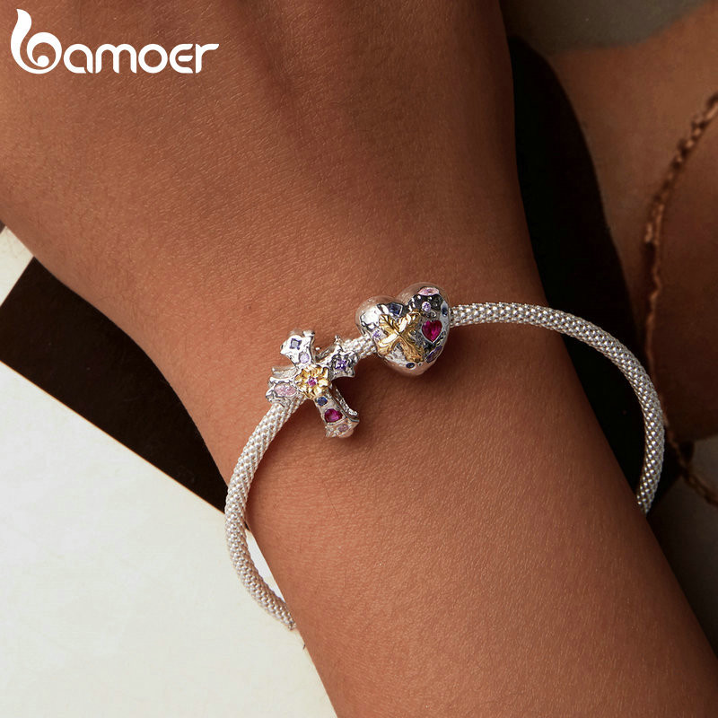 Detalhes do Bamoer 925 Sterling Sliver Charme De Fita Vintage Cross Heart Design Pingente Acessórios Para Pulseira
