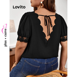 Lovito Blusa Plus Size Curva Elegante Lisa Com Renda Para Mulheres LBL08462
