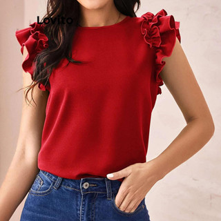 Lovito Blusa Casual Simples Com Babados Para Mulheres LNL35057 (Vermelho/Verde/Azul)