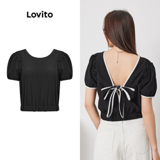 Lovito Casual Camiseta Feminina Lisa com Laço Traseiro e Costura Contrastante L74ED243