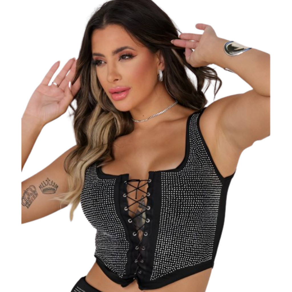 Blusa Cropped Tomara Q Caia Ilhos Frontal Com Brilho Luxo