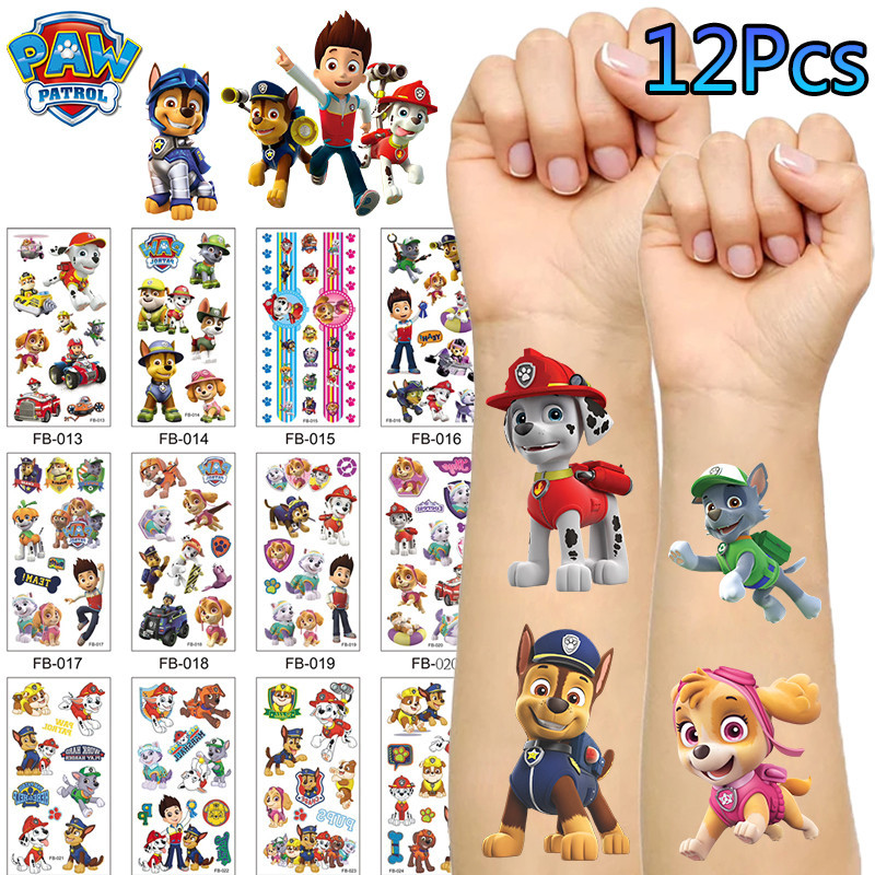 12Pcs Adesivos Para Tatuagem De Patrulha De Patas À Prova D'água Protetor Solar D'água Animação De Desenhos