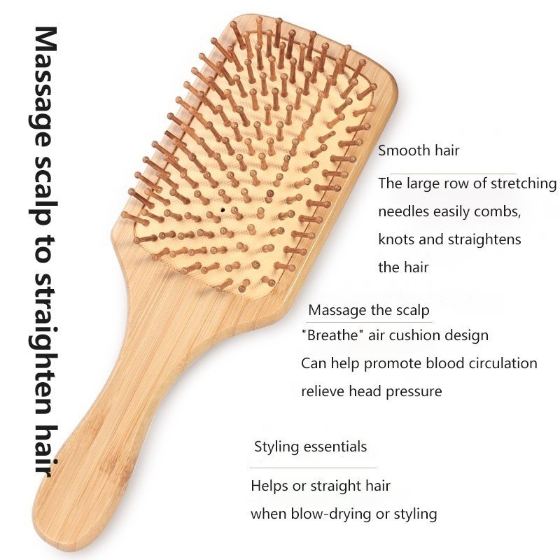 Escova de Cabelo de Bambu Natural | Antiestática | Almofada de Ar | Massagem no Couro Cabeludo | Sustentável em Oferta na Shopee