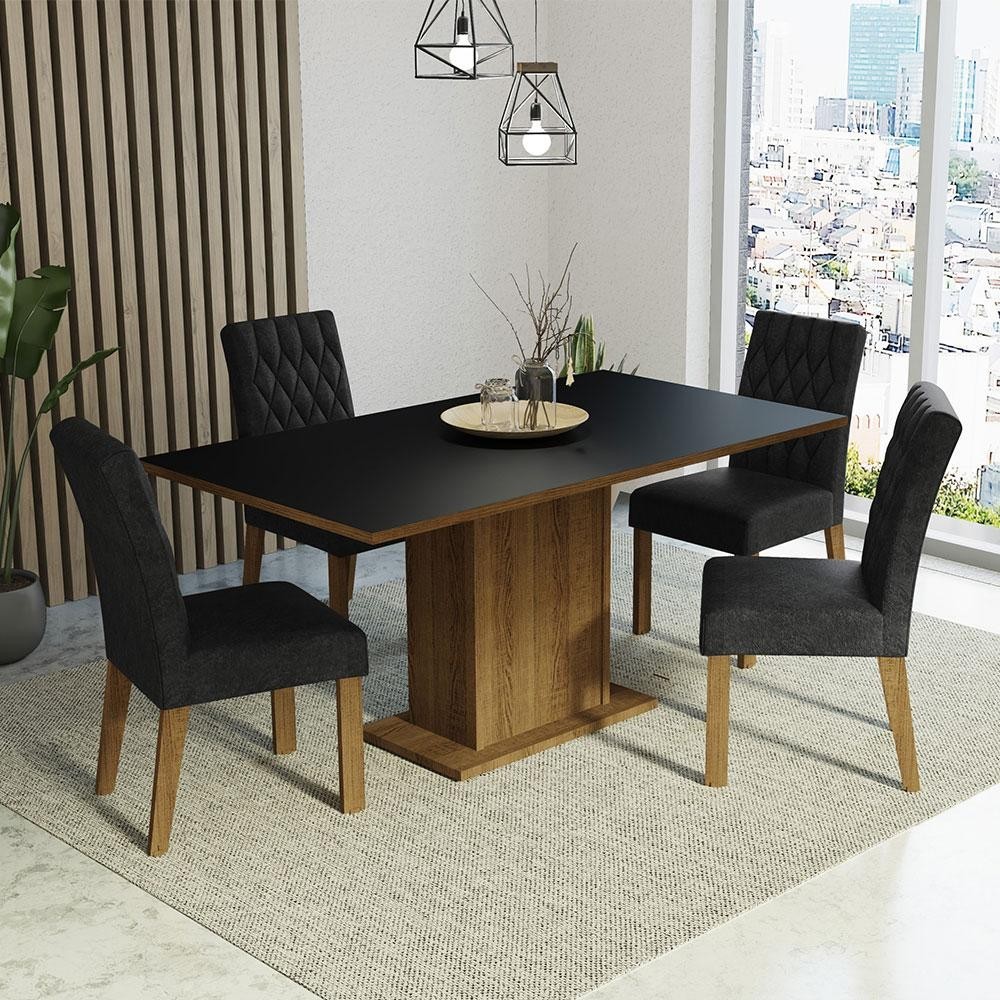 Conjunto Sala de Jantar Mesa Tampo de Madeira 4 Cadeiras Rustic/Preto/Oxford Cindy Madesa - Home & Living