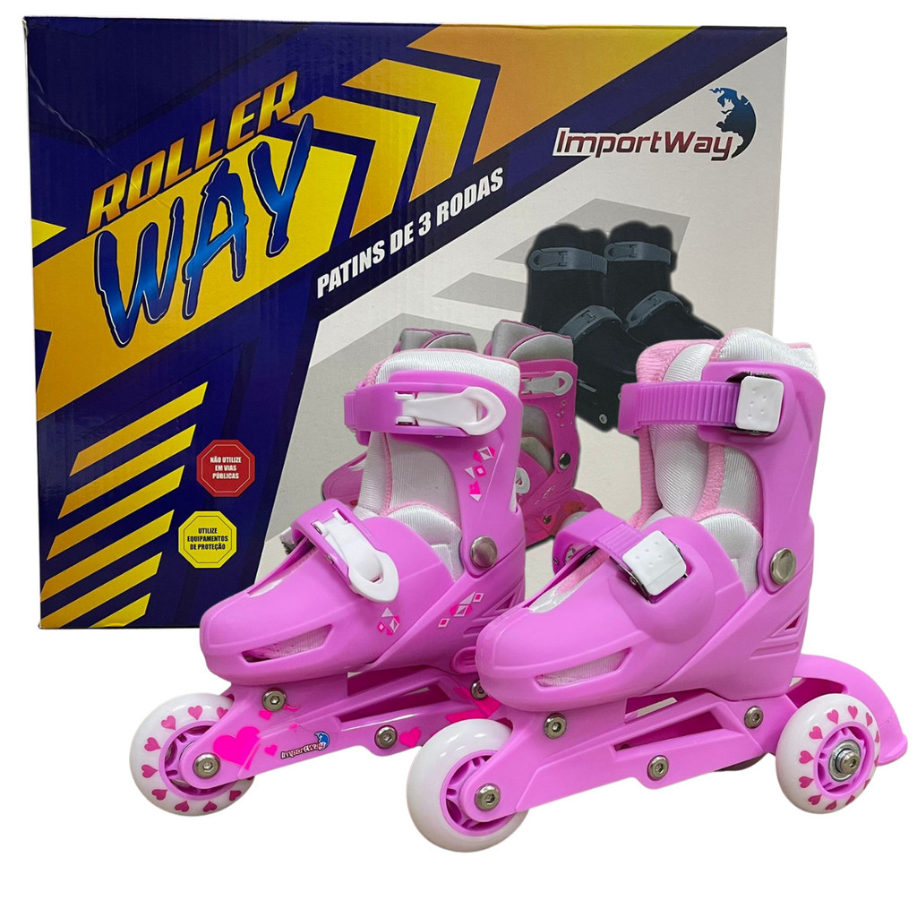 Patins 2 em 1 Tri Line In Line Rosa Tamanho Ajustável 27 a 30 Importway