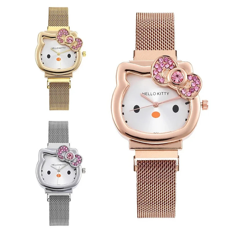 Olá Kitty Relógio De Metal Vintage Diamante Arco Senhoras Kawaii Menina Aniversário Dos Desenhos Animados Anime Estudant