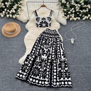 Vintage Impresso Conjunto De Duas Peças Feminino Floral Curto Colheita Topo + Cintura Alta A Linha Saia Longa Elegante T