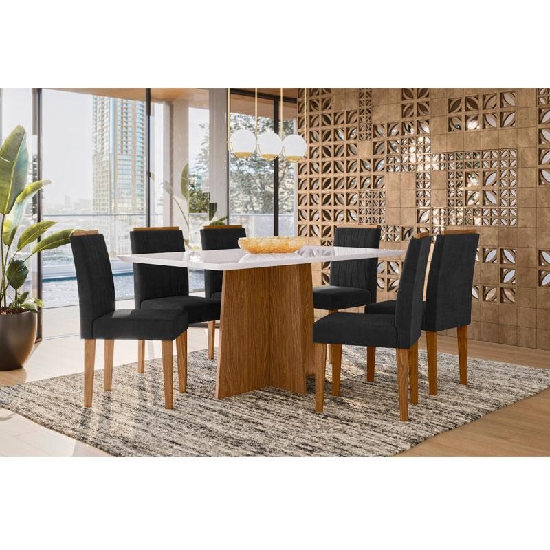Mesa de Jantar Ambiente Anitta 160x90 cm com Vidro Ype Off White e 6 Cadeiras Ana Ype Veludo Preto – New Ceval