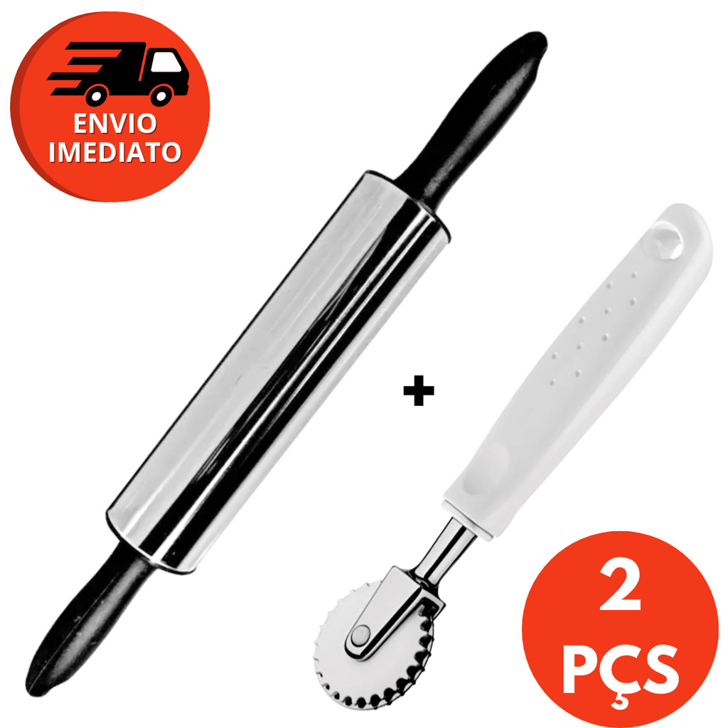 KIT 02 ITENS: Rolo Para Abrir Massa Inox e Carretilha Cortador de Massa Corta e Fecha