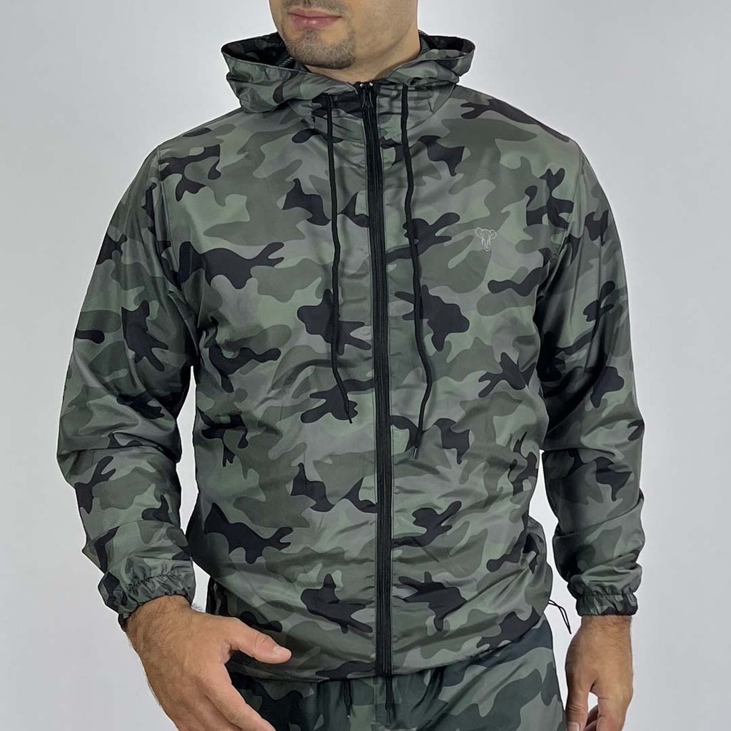 Jaqueta Corta Vento Masculina Impermeável com Capuz e Forro Interno - Estampada Camuflada