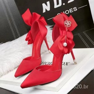 Sapatos de casamento femininos com salto alto, Dedo apontado, Strass Bow