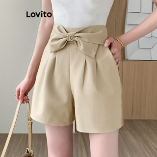 Lovito Shorts Frontais Casuais Com Laço Liso Para Mulheres LNE33236 (Cáqui/Preto)