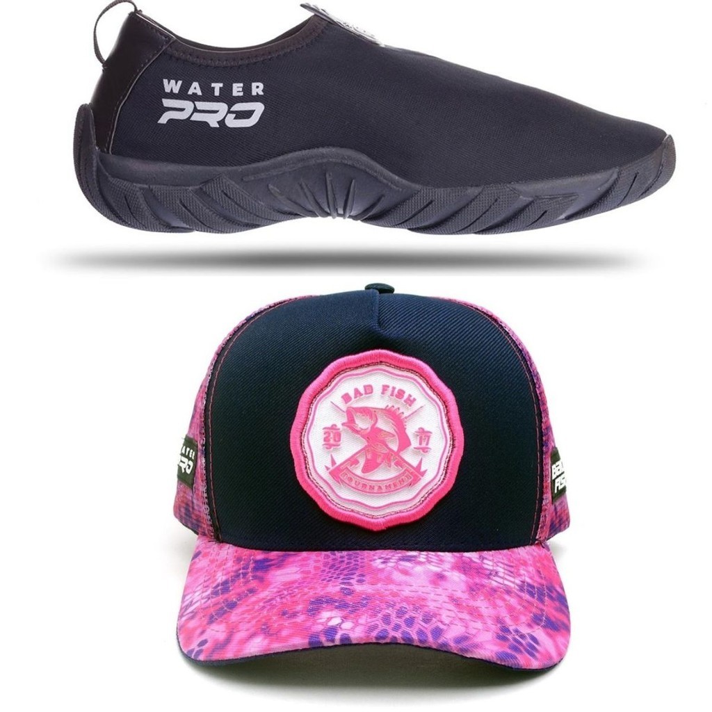 Kit Pescaria Boné com Sapatilha Preta Bad Fish azul Marinho  e Rosa