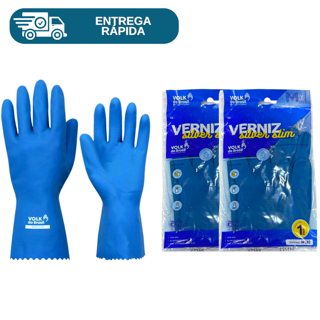 Kit 2 Prs Luva De Latex Natural Verniz Silver Slim Azul Antialérgica Volk Para Limpeza Lavar Louça Proteção Epi