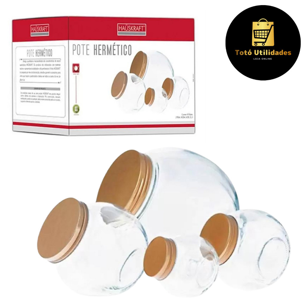 Jogo de Potes Baleiro Hermético em Vidro Tampa Rose Gold 4 Peças 2,1L 650ml 450ml 190ml