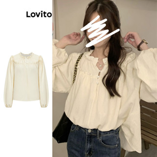 Lovito Blusa Feminina Casual Lisa Com Babados E Pérolas Com Botão Frontal LNE36297 (Damasco)