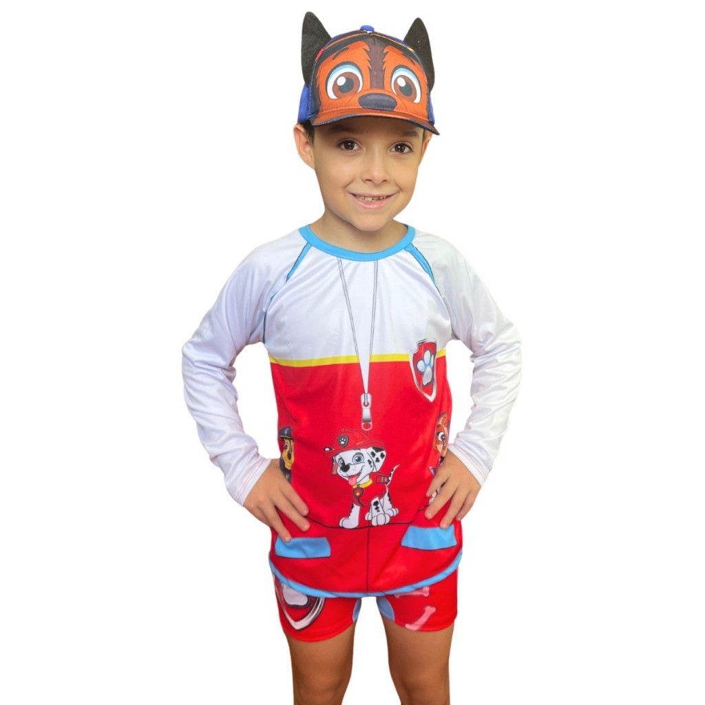 Roupa Moda De Praia Infantil Chase Patrulha Canina Sunga, Boné e Camisa Com Proteção Solar UV