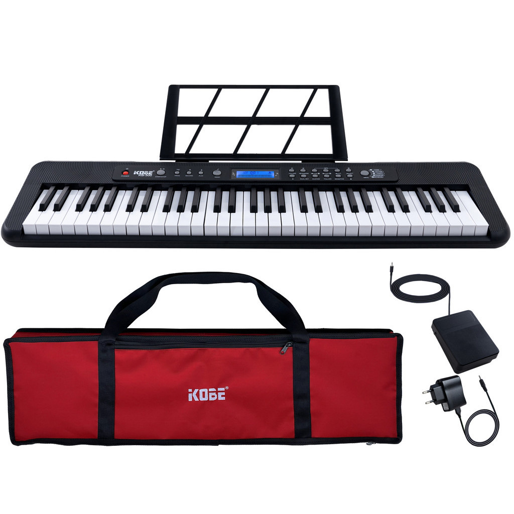 Kit Teclado Musical Eletrônico Kobe KB-300 5/8 61 Teclas Sensíveis com Pedal Sustain e Capa Vermelha