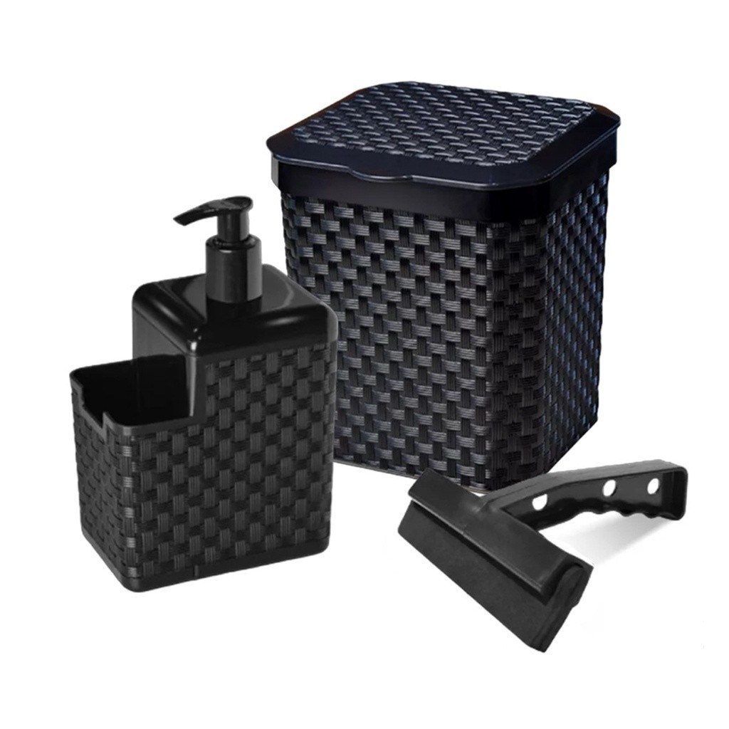 Kit Cozinha 3 Peças Lixeira Pia 5 Litros + Porta Detergente Sabão + Rodinho de Pia