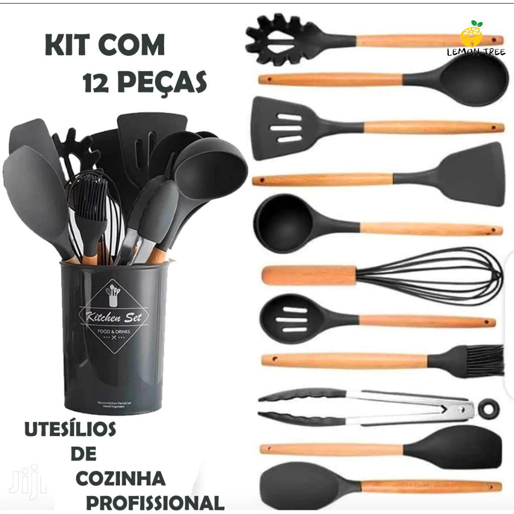 KIT 12 Peças de Utensílios Para Cozinha em Silicone e Bambu em Oferta na Shopee