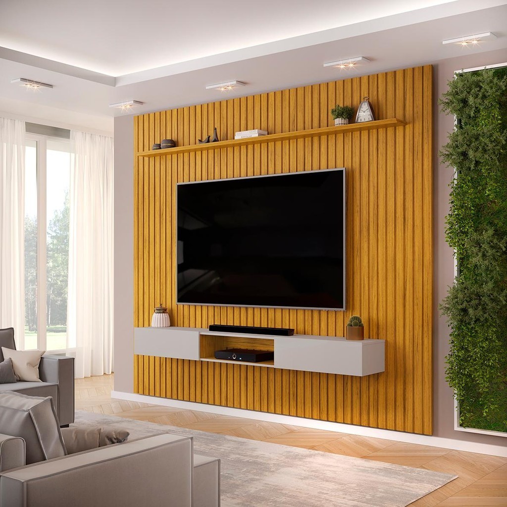 Painel com Bancada para TV até 75 Polegadas Ripado DJ Móveis Trento 275 Cedro Bali em Oferta na Shopee