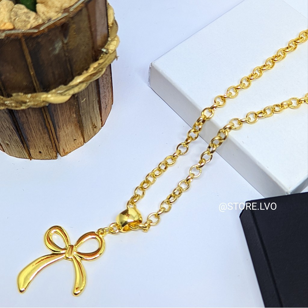 Colar Corrente Feminino com Pingente Laço Delicado Elo Português 6mm Folheado Ouro 18k Dourado Inspirado Tendência Moda