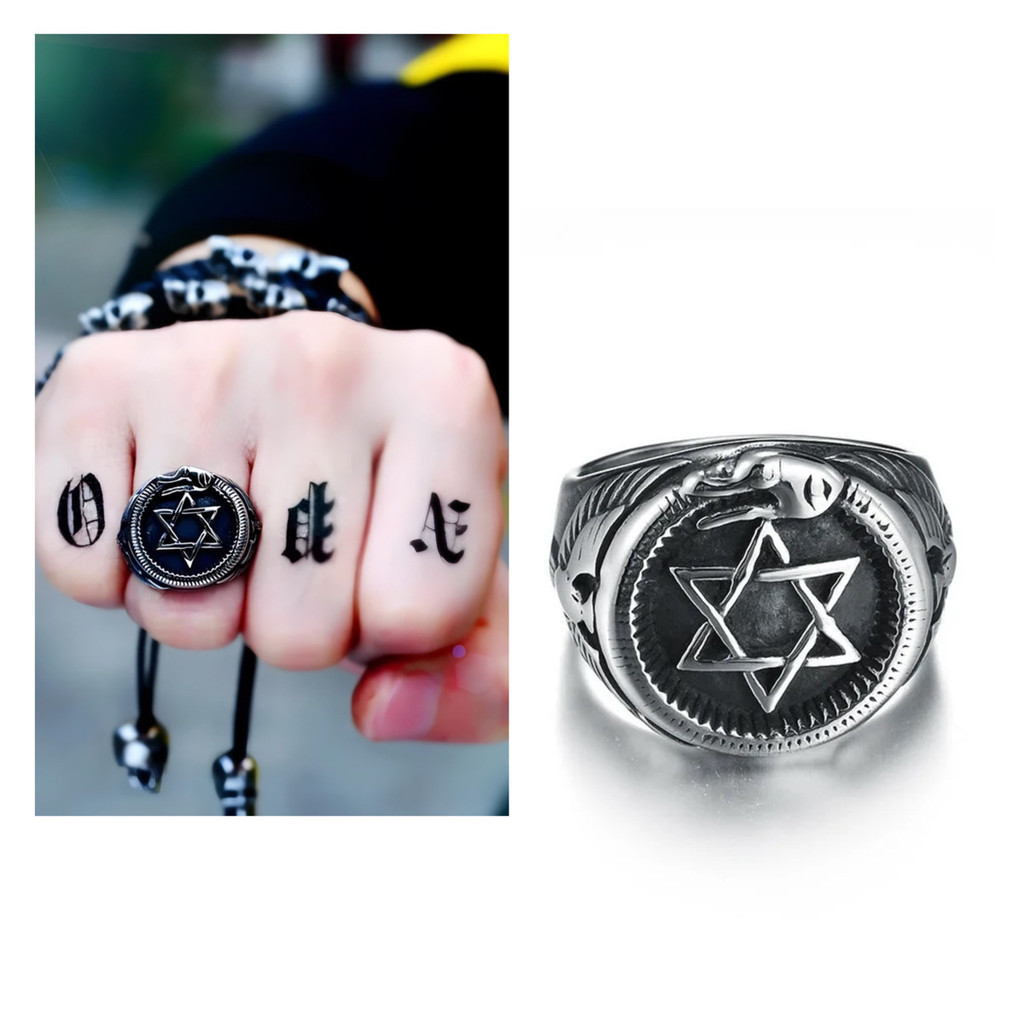 Anel Hexagrama Ouroboros Estrela Davi Salomão Aço 316l