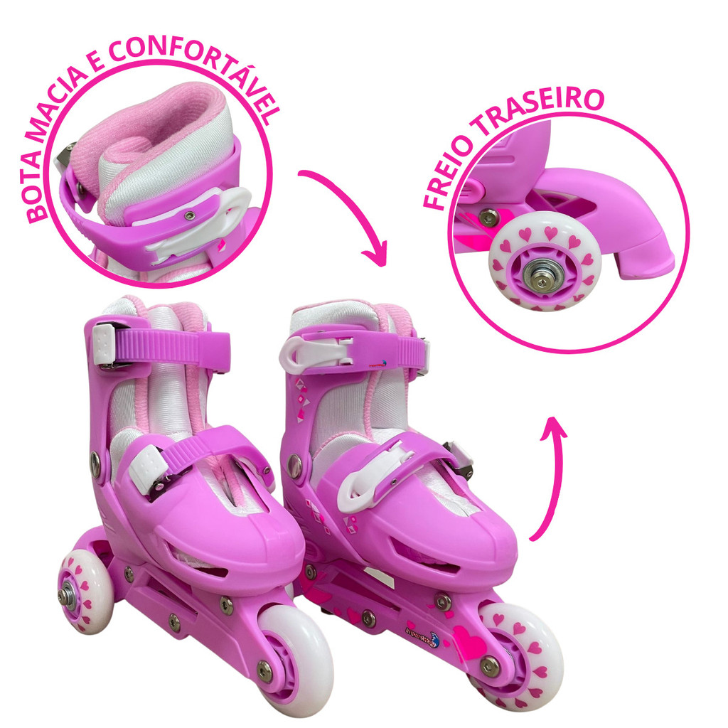 Patins 2 em 1 Tri Line In Line Rosa Tamanho Ajustável 27 a 30 Importway · foto 2