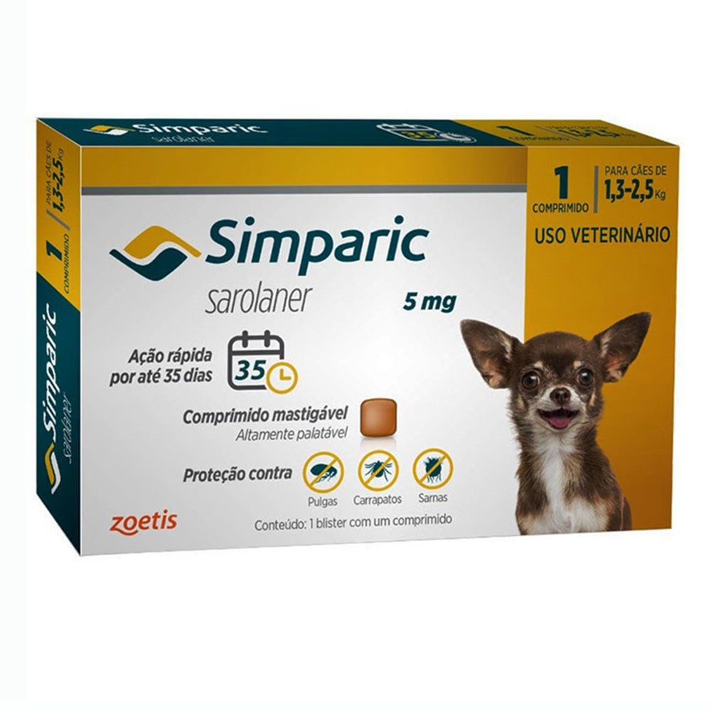 Simparic Antipulgas e Carrapatos 5mg Para Cães 1,3 a 2,5kg 1 Comprimido em Oferta na Shopee