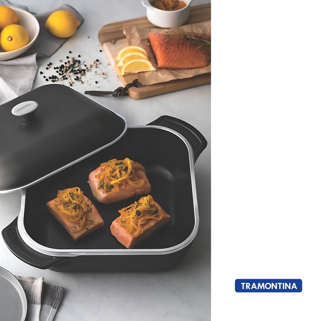 Panela Caçarola Quadrada Tramontina Lyon 28 Todos Fogões aluminio cozinha assa frita gratina forno