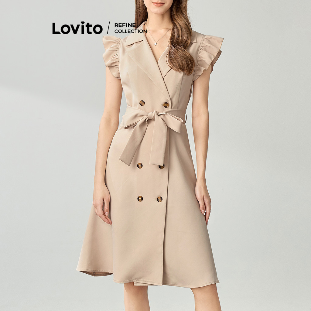 Detalhes do Lovito Refine Vestido Feminino Liso Com Babados E Botões Duplos Com Cinto Para Verão LR1LD019