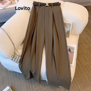 Lovito Calças Plissadas Lisas Casuais Para Mulheres LNE33240 (Café/Preto)