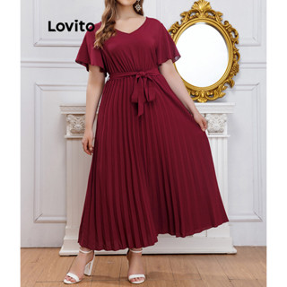 Lovito Vestido Plus Size Curvo Elegante Liso Plissado Com Cinto Para Mulheres LNL43161