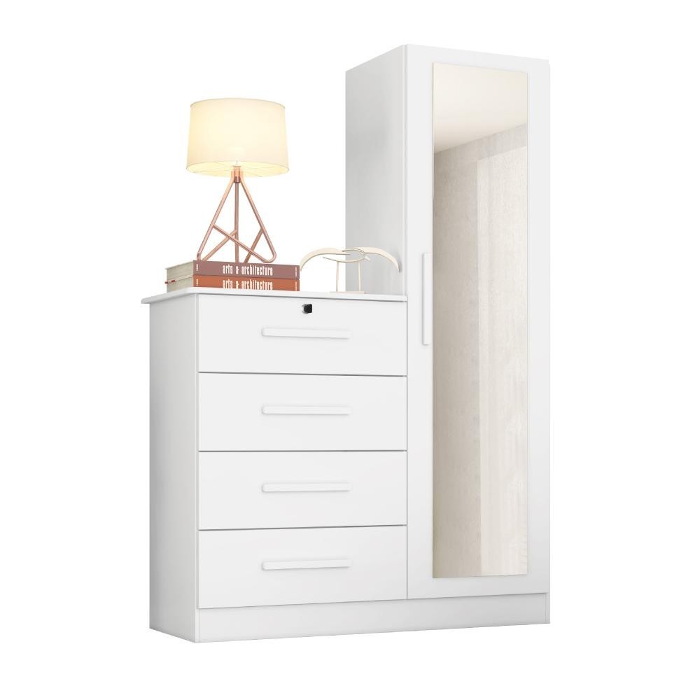Guarda Roupas Solteiro com Cômoda e Espelho Belize Branco - Home & Living