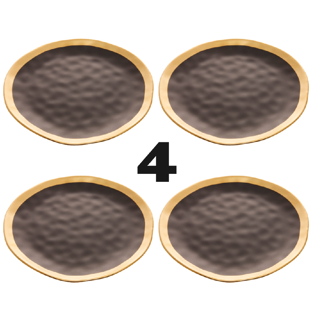 Conjunto Jogo 4 Pratos Rasos Wolff de Jantar Almoço 25cm Porcelana Dubai Preto com Dourado Gold Luxo Requintado
