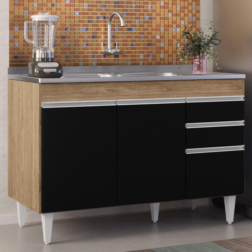 Balcão Gabinete com Pia Inox 120cm Michigan Castanho/Preto - Lumil em Oferta na Shopee