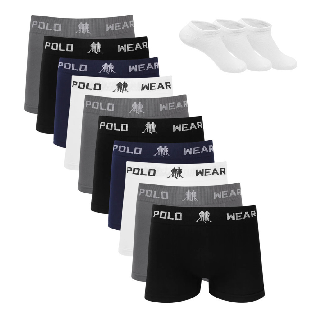 Kit 10 Cueca Boxer Polo Wear Microfibra Sortido + 3 Meias M1