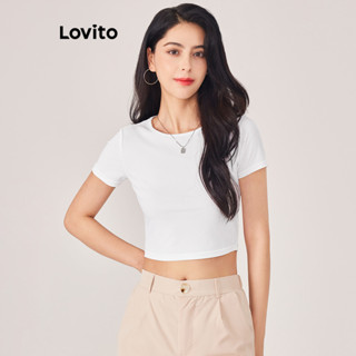 Lovito Casual Camiseta Feminina Lisa Básica L71ED252 (Preto/Branco)