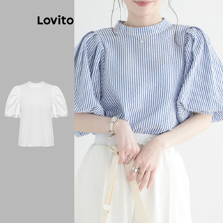 Lovito Casual Blusa Feminina Listrada de Manga Bufante com Laço Traseiro LNE24125 (Multicolorido)