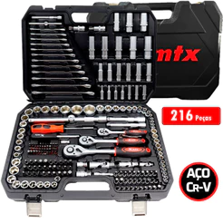 Jogo Ferramentas 216 Pçs Soquetes Chaves Catraca Bits Combinada + Maleta 1353055 - MTX Profissional
