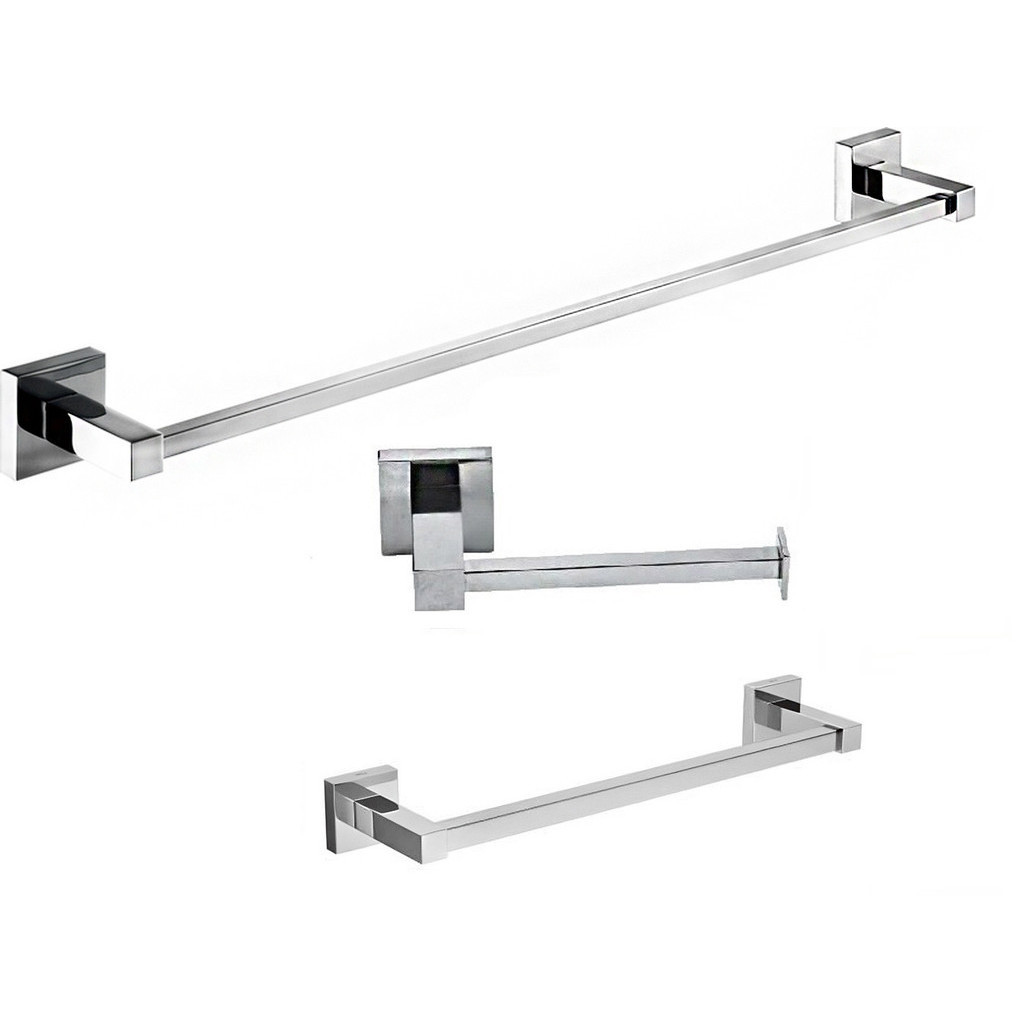 Porta Toalha Banho 63cm Metal + Papeleira Ret + Toalheiro Cromado Metal Inox 30cm